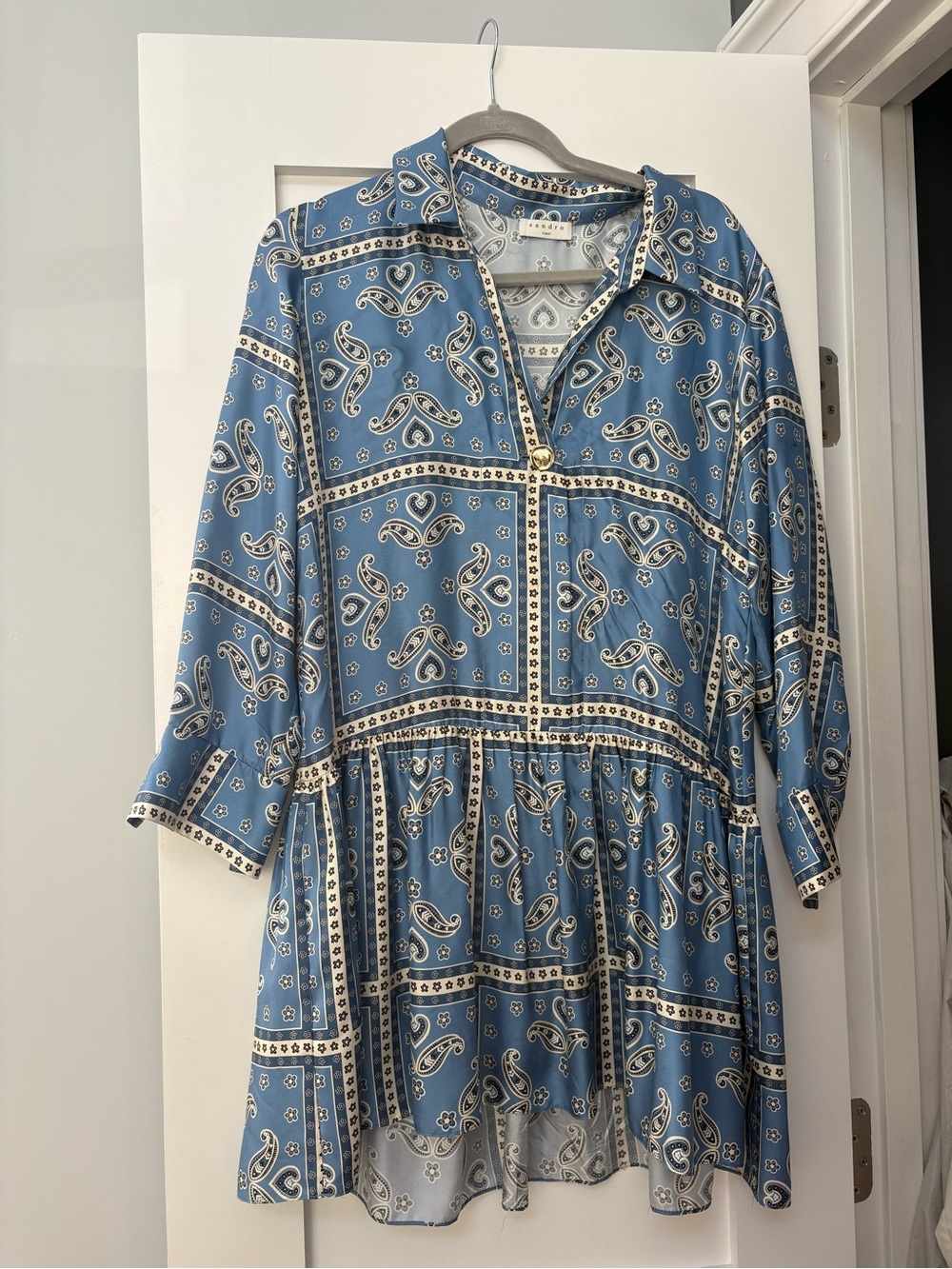 Sandro Blue Paisley Tiered Long Sleeve Dress